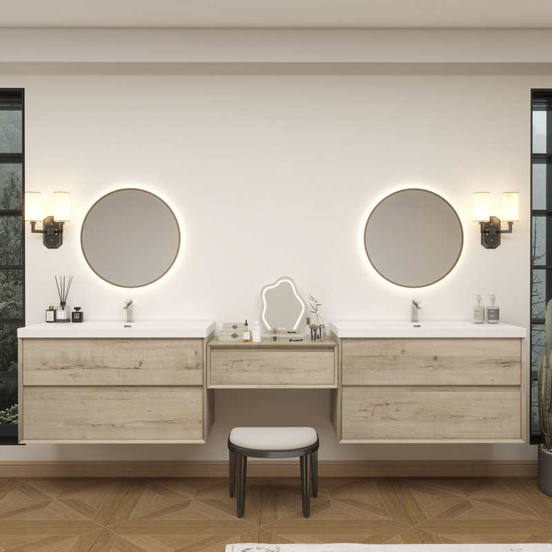 Aliki Wall Mounted Vanity With Reinforced Acrylic Sink, 80", Light Oak