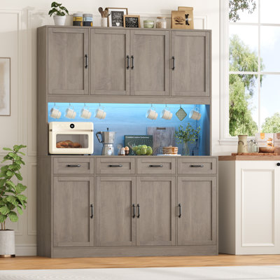Grande armoire de cuisine de 73,2 po H x 59,2 po L avec 4 tiroirs, tablettes réglables, éclairage DEL et prises de courant.