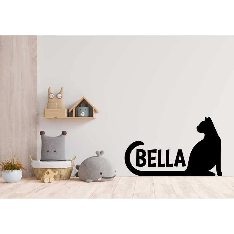 Décalcomanie murale personnalisée avec nom de chat - Silhouette de chat personnalisée avec nom - Art mural mignon avec nom d'animal - Décoration personnalisable pour les amoureux des chats - Autocollants en vinyle pour chat 566DLU