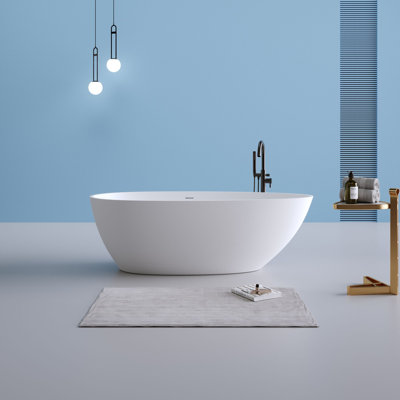 H2O Oval 59 in. x 30.7 in. Solid Surface Stone Resin Freestanding Deep Soaking Bathtub with Center Drain in Matte White