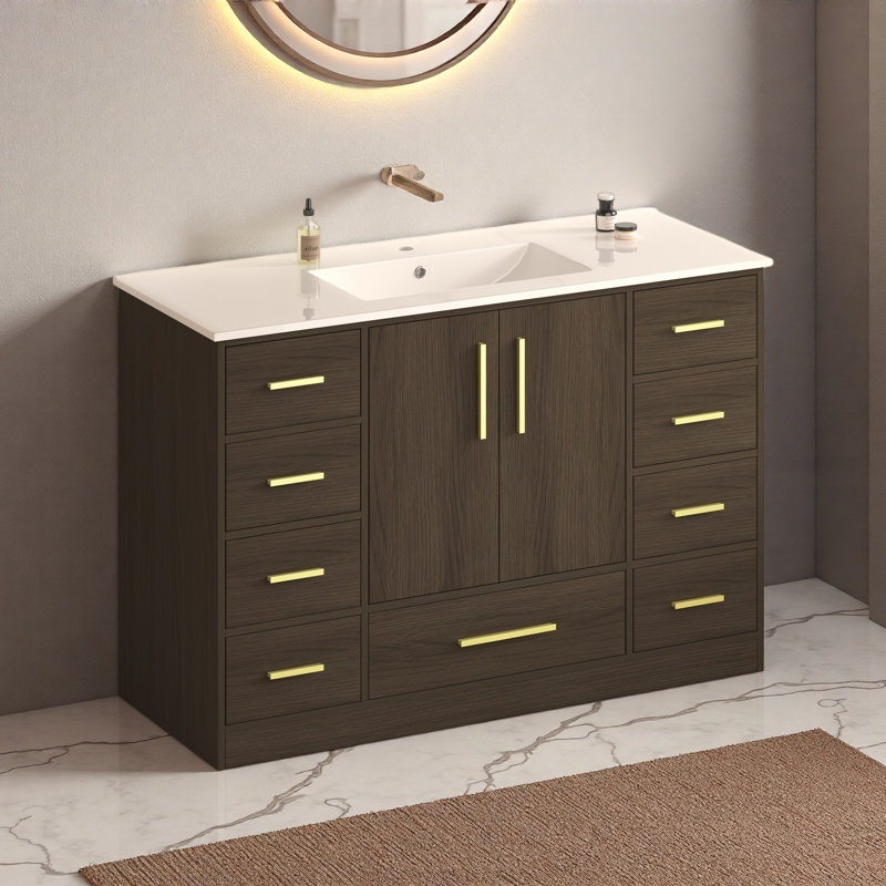 Meuble-lavabo 48 po. Armoire de rangement abondante - 2 portes à fermeture douce et 9 tiroirs, Marron foncé