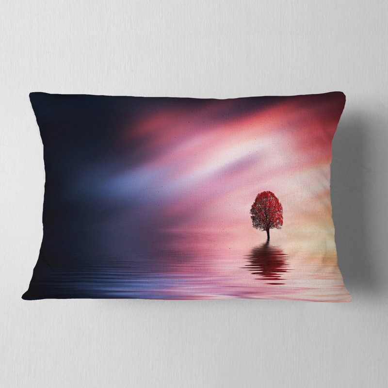 Coussin lombaire paysage avec arbre solitaire et oiseaux