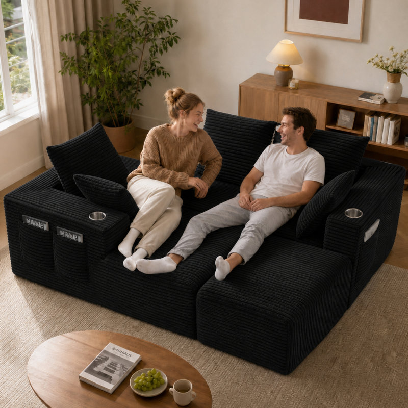 Canapé modulaire de 241 cm avec fauteuil lounge d'angle, quatre places, design sans dossier avec repose-pieds, Black Fabric