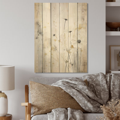 «Gray and White Herbs Minimal Harmony I», art mural en bois sur bois de pin naturel