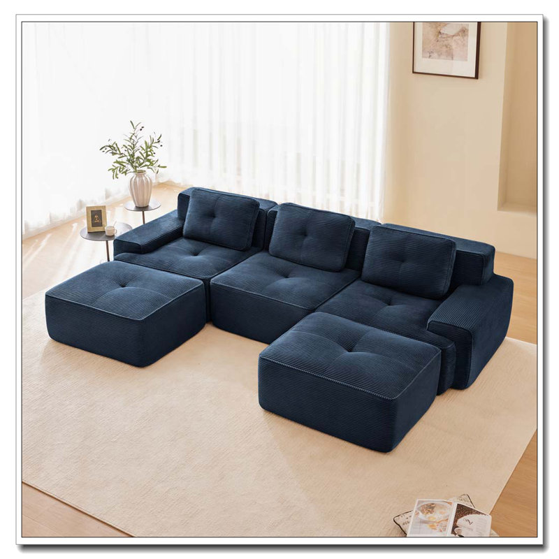 Canapé moderne en velours côtelé, Bleu - 3 sièges + 2 chaises