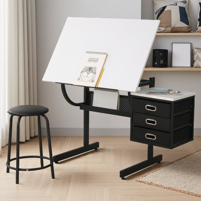 Adjustable Drafting Drawing Table With Stool And 3 Drawers, Rustic Brown