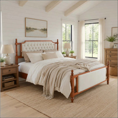 Lit plateforme tapissier avec tête de lit capitonnée à boutons, lit de ferme en bois massif avec tête et pied de lit en velours, aucun sommier tapissier requis, style champêtre français moderne pour la chambre à coucher