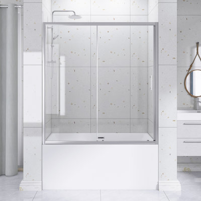 60 po X P 62 po H 1 porte de douche coulissante simple pour baignoire en chrome, verre trempé transparent épais de 1/5 pouce | Poignée en acier inoxydable