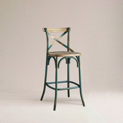 Mobilier de salle à manger à assise en bois de style rétro avec cadre en métal turquoise antique
