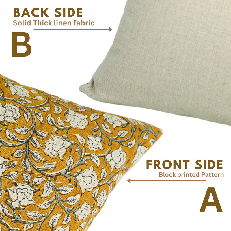 Linen Lumbar Pillow Cover, 14" H x 14" W, Yellow/Green/Beige Floral 2