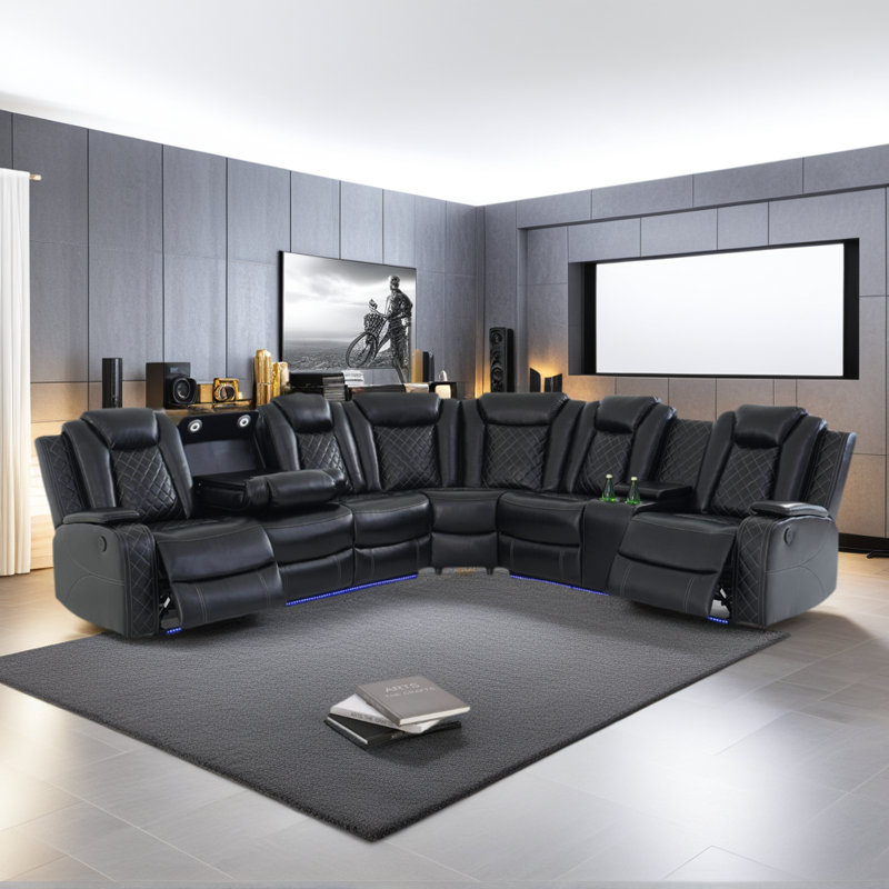 Ensemble de 3 canapés d'angle inclinables électriques en cuir respirant de 210 pouces avec éclairage DEL, Noir