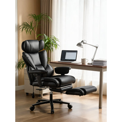Chaise de bureau inclinable en cuir à haut dossier avec repose-pieds et support lombaire ergonomique avec hauteur réglable et appui-tête pour bureau à domicile noir