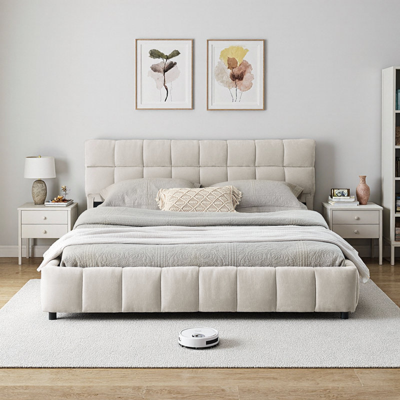 Structure de lit tapissier grand format avec tiroirs de rangement - tissu chenille doux, conception beige moderne, assemblage facile