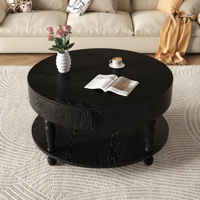 Table basse ronde 31,5 po moderne noire avec double rangement et compartiment caché, pieds réglables, assemblage facile