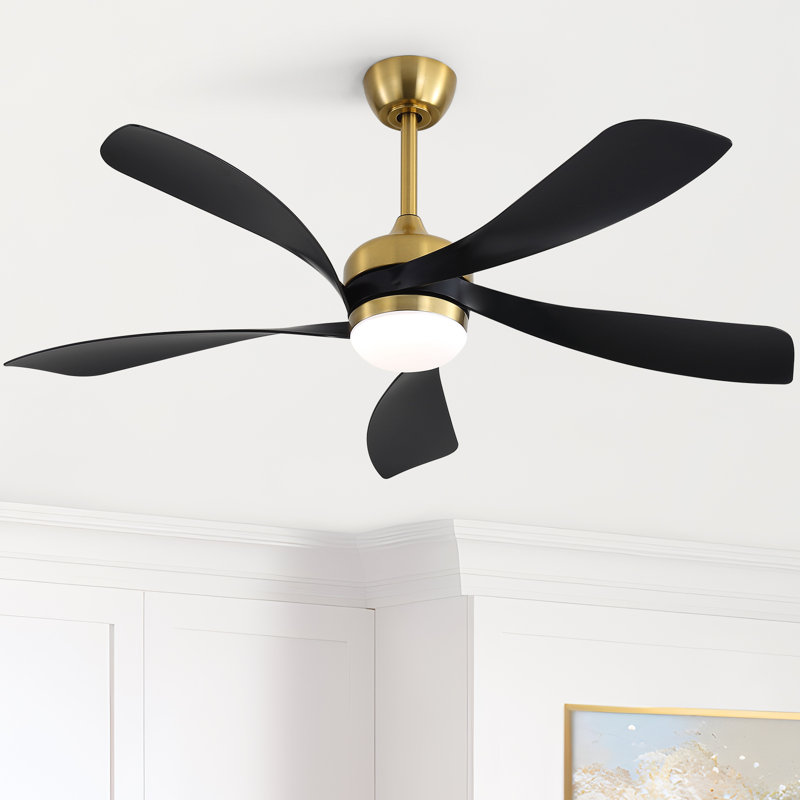 52" 5-ABS Blade Ceiling Fan With Led Light and Remote Control, DC, Silent, Forward and reverse(Black&Gold), Black Blade