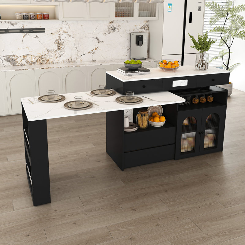 Îlot de cuisine rétro avec table extensible et rotative, panneau de fibres à densité moyenne avec placage de marbre, 4 tiroirs et armoires à portes en verre, station de repas extensible pour 2 à 4 personnes