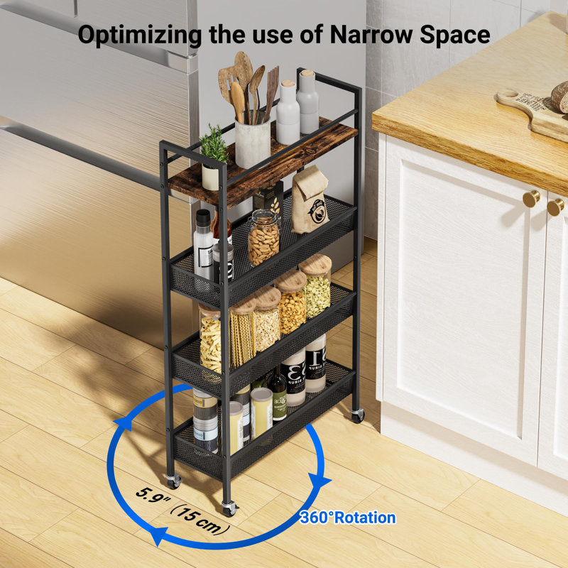 4 Tier Slim Storage Cart, 5.9In Slim Kitchen Cart On Wheels For Small Space, Narrow Rolling Cart With Wooden Top Metal Handle And Wire Mesh