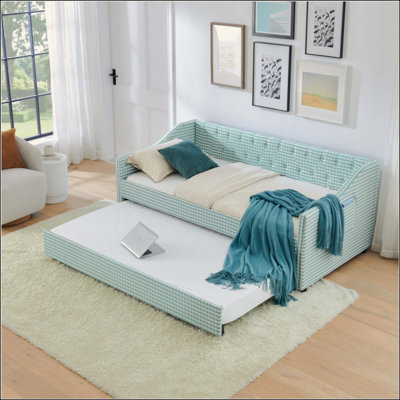 Daybed,Upholstered Convertible Daybed with Tufted Button Backrest, 3‑in‑1 Versatile Sofa Bed with Pull‑Out Trundle & Side Storage, Perfect for Compact Living