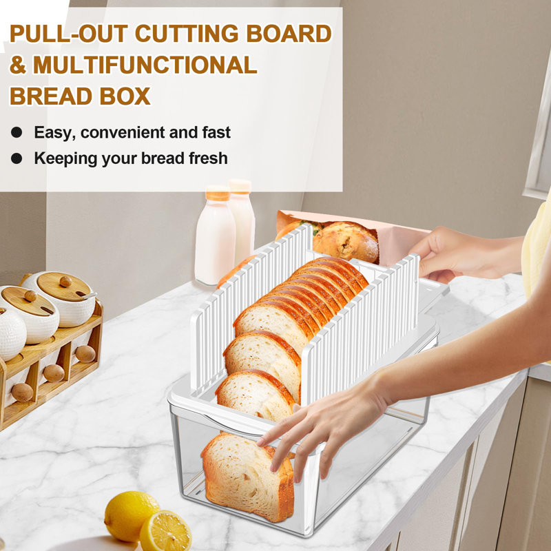 Upgrade Pull Out Bread Slicer For Homemade Bread With Bread Box, Foldable Bread Slicing Guide,Removable Cutting Board, Slice Evenly,(White)
