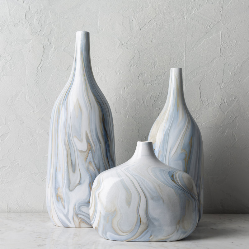 Ensemble de 3 vases de table en céramique Ayriauna, Beige / blanc / bleu