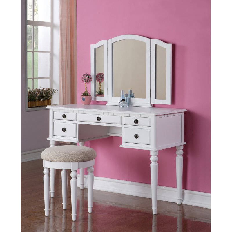Ensemble de meuble-lavabo de chambre à coucher contemporain avec tiroirs de tabouret à miroir pliables de couleur blanche