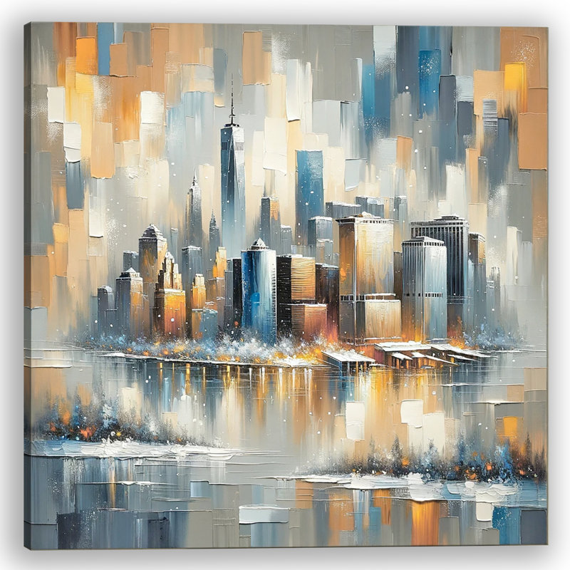 Metropolitan Dawn - Luminous City Reflection Impasto, H 20 po x l 20 po x P 1,5 po