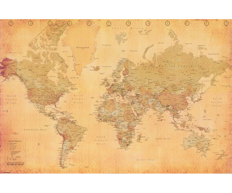 Carte du monde, rétro (projection Mercator), H 16 po x l 24 po
