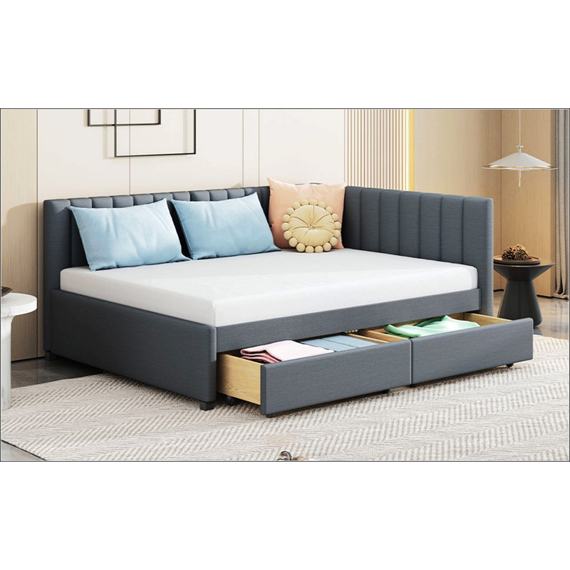 Full Size Upholstered Daybed With 2 Storage Drawers Sofa Bed Frame No Box Spring Needed, Gray
