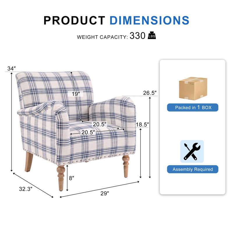 29" Wide Traditional Plaid Upholstered Armchair With Solid Wood Legs, Blue White
