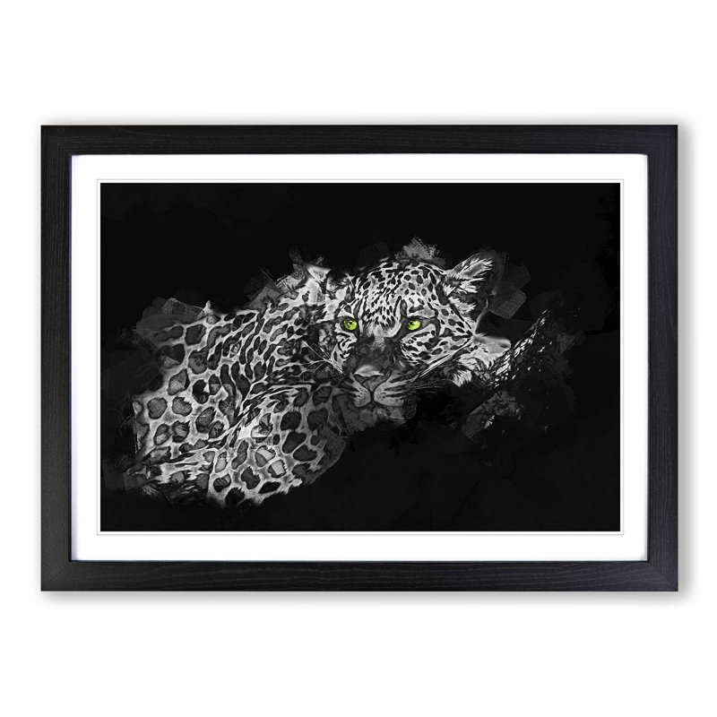 Leopard with Green Eyes High in Abstract - Picture Frame Graphic Art Print on MDF, Black Framed, 48cm H x 65cm W x 2cm D