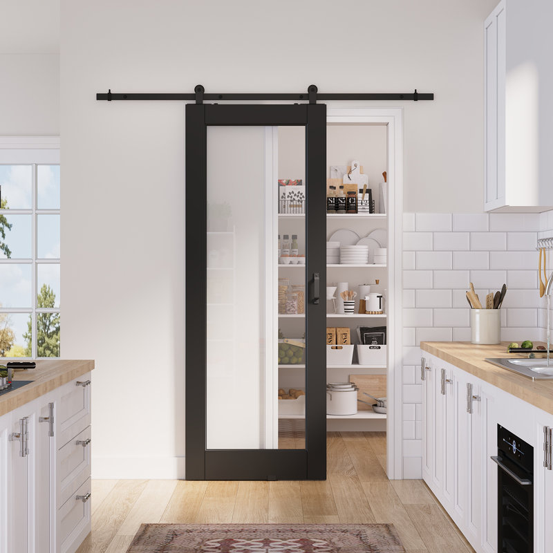Surface de 28 po x 80 po x 1 po en verre transparent préfini avec toute la quincaillerie de porte de grange, 28in.x 80in.