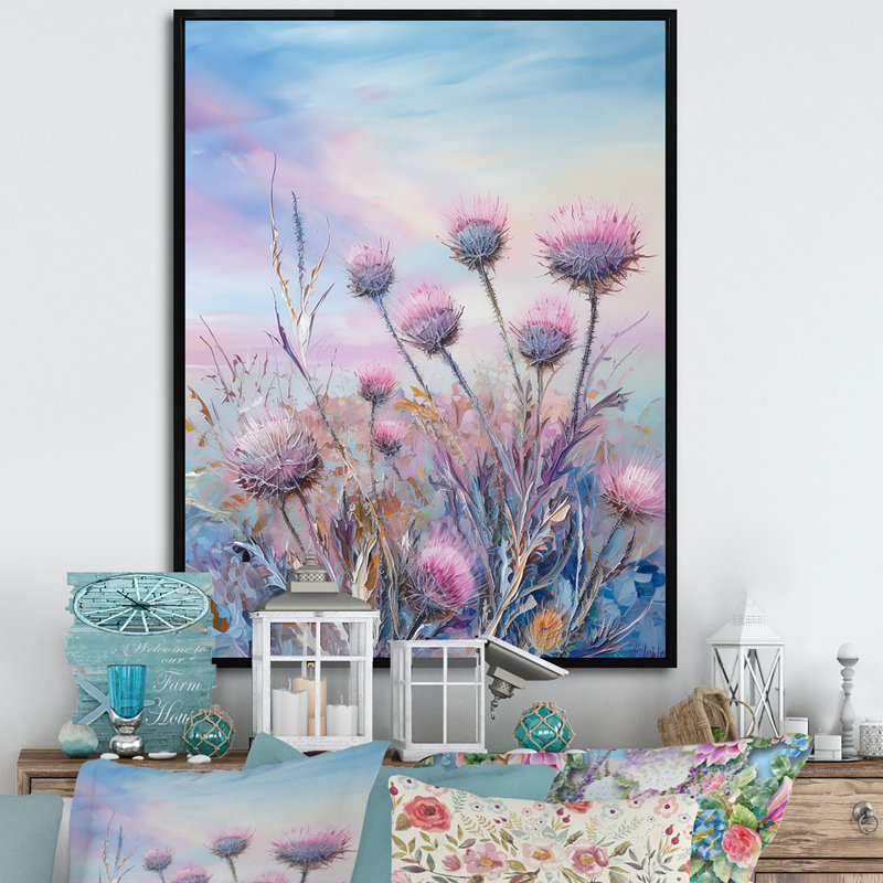 Minimalisme chardon nature fluorescente sur toile, H 44 po x l 34 po x P 1,5 po, Cadre flottant noir