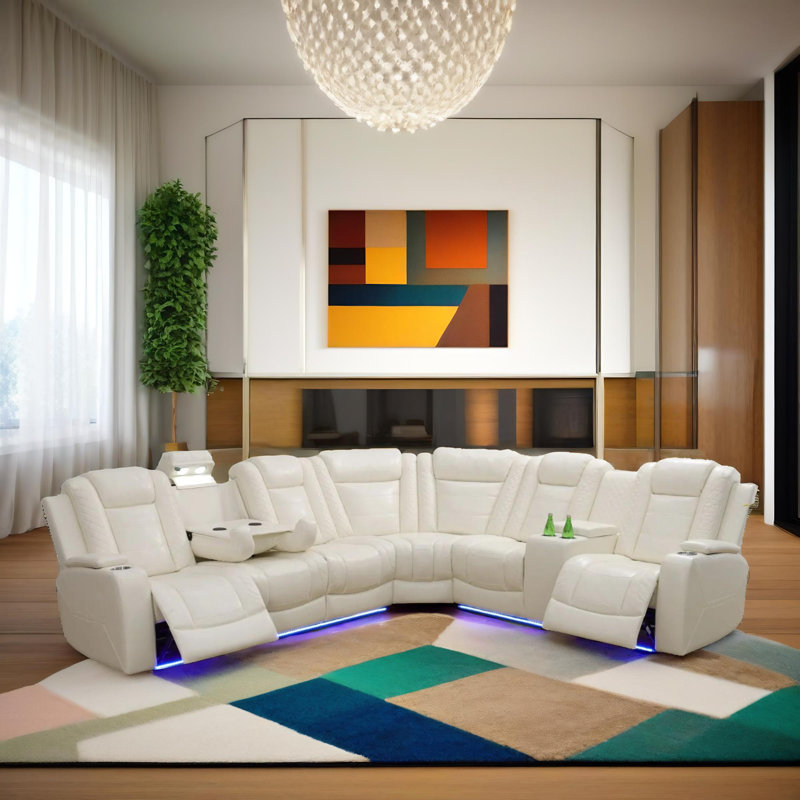 White Alabaste Breathing Leather U Shaped Living Room Recliner Sofa Set, White Faux Leather