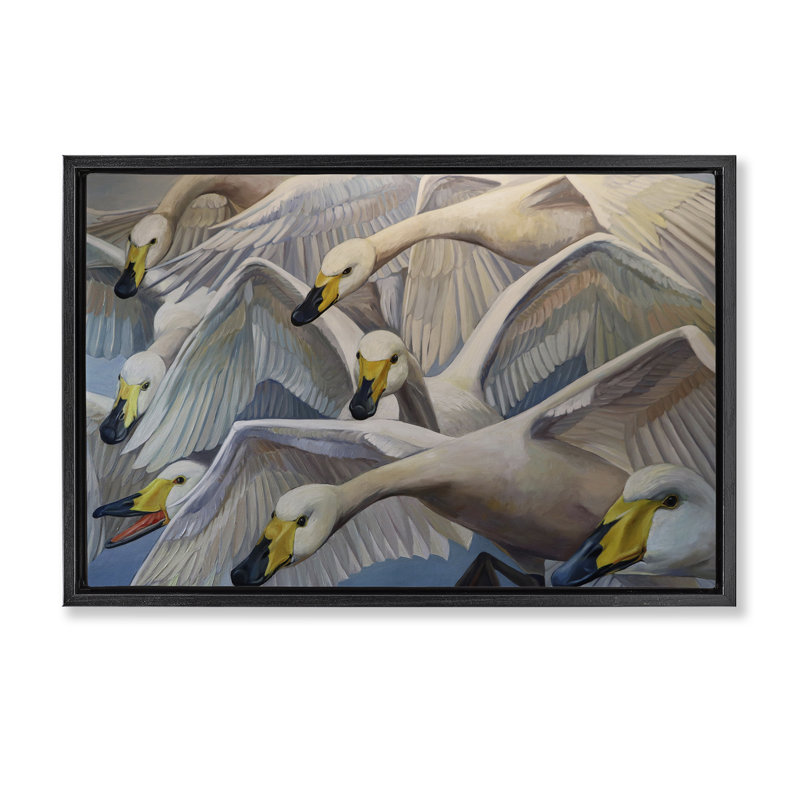 Cadre flottant Graceful Swans in Flight, design par Violeta Vollmer, Cadre flottant noir de jais, H 17 po x l 25 po