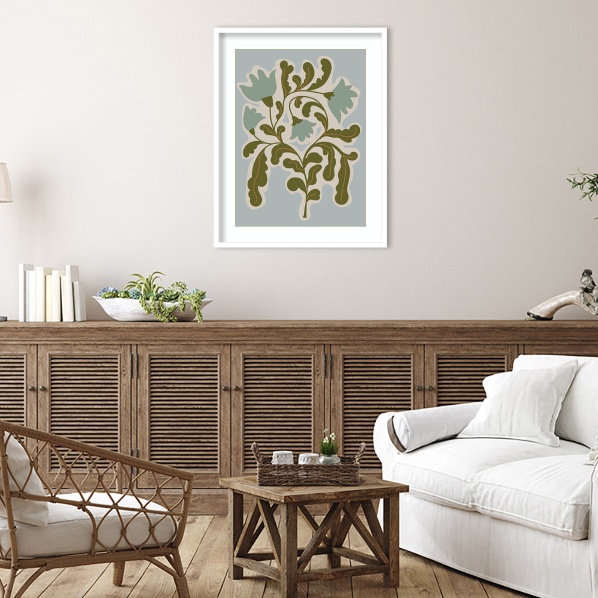 Expressive Abstract House Plant Playful Blue Framed On Paper by The Creative Bunch Studio Print, 33" H x 26" W x 1" D, White