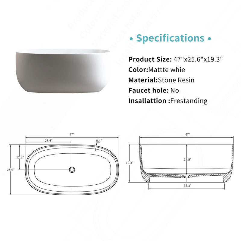 47" Independent Solid Surface Resin Stone Bathtub, A Modern Designed Independent Bathtub With Pop-Up Drainage And Overflow Pipes, Suitable For Small Households