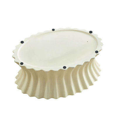 35.04 Inch Beige Oval Fiberglass Coffee Table, No Assembly Vintage Ripple Coffee Table for Living Room