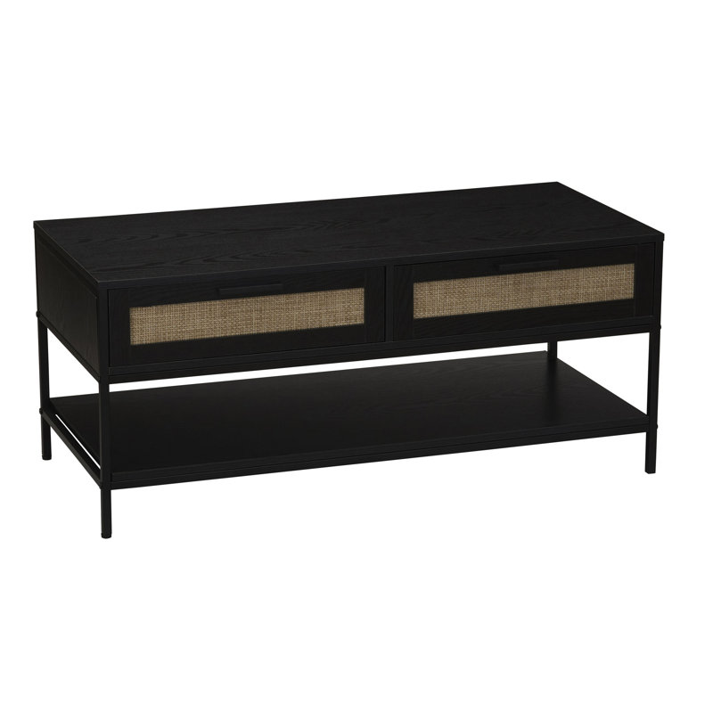 Woven Front Black Oak Coffee Table with Iron Base, Black Top/Black Base