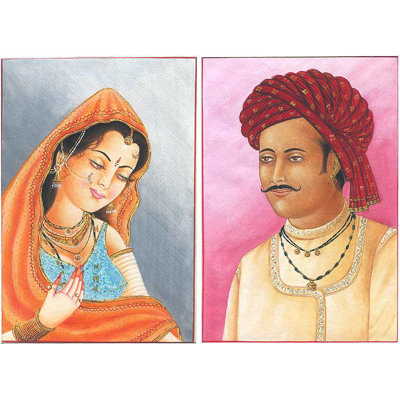 Un homme du Rajasthan avec sa mariée timide | Aquarelle sur papier