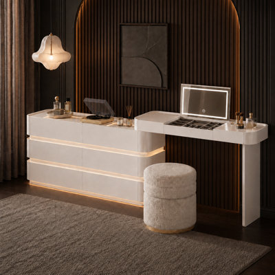 Extendable 47.24"–89.76" Cream White Vanity Desk 8-Drawer Storage, Glass-Top Display & Jewelry Organizer, Adjustable 3-Color Lighting Mirror Makeup Vanity