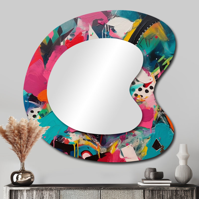 Enigma II rose et turquoise abstrait - Grand miroir mural moderne irrégulier, 33 po x 33 po