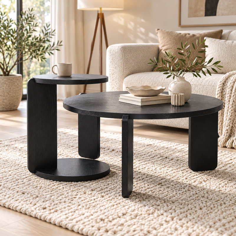 Ensemble de 2 tables basses rondes gigognes en bois avec plateau en placage de noyer pour le salon, Noir