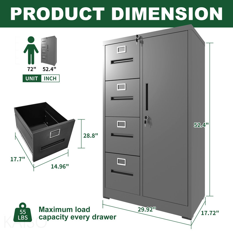 Metal Storage Vertical Filing Cabinet With Lock, Steel File Locker With 4 Drawers And 1 Door For School, Living Room, Bedroom, Office (Black)