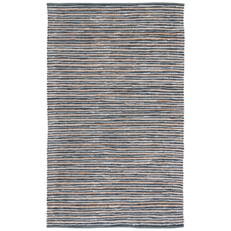 Geremias Vintage Leather Hand Woven Leather/Jute Striped Rug in Dark Grey/Ivory, Rectangle 5' x 8'