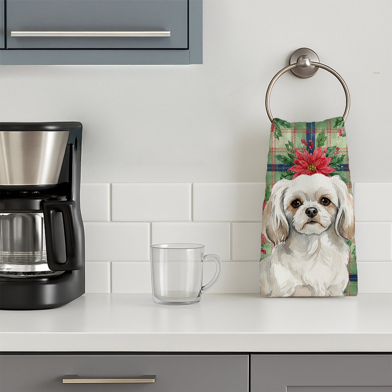 White Tibetan Spaniel Christmas PoinsettIas Kitchen Towel, White Tibetan Spaniel