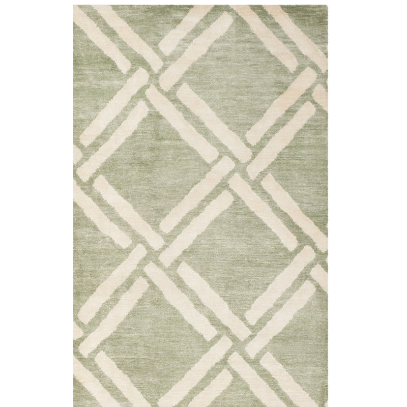 Tapis vert / ivoire en coton noué à la main Emmariah, Rectangle 6 pi x 9 pi