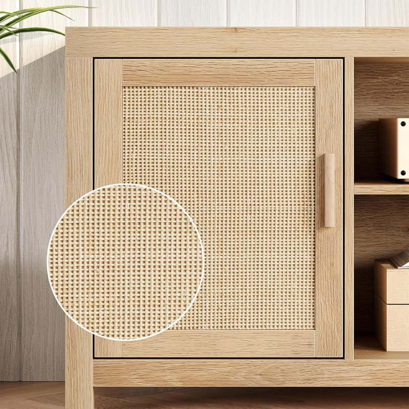 TV Stand for 65 Inch TV with Rattan Doors, Natural Wood