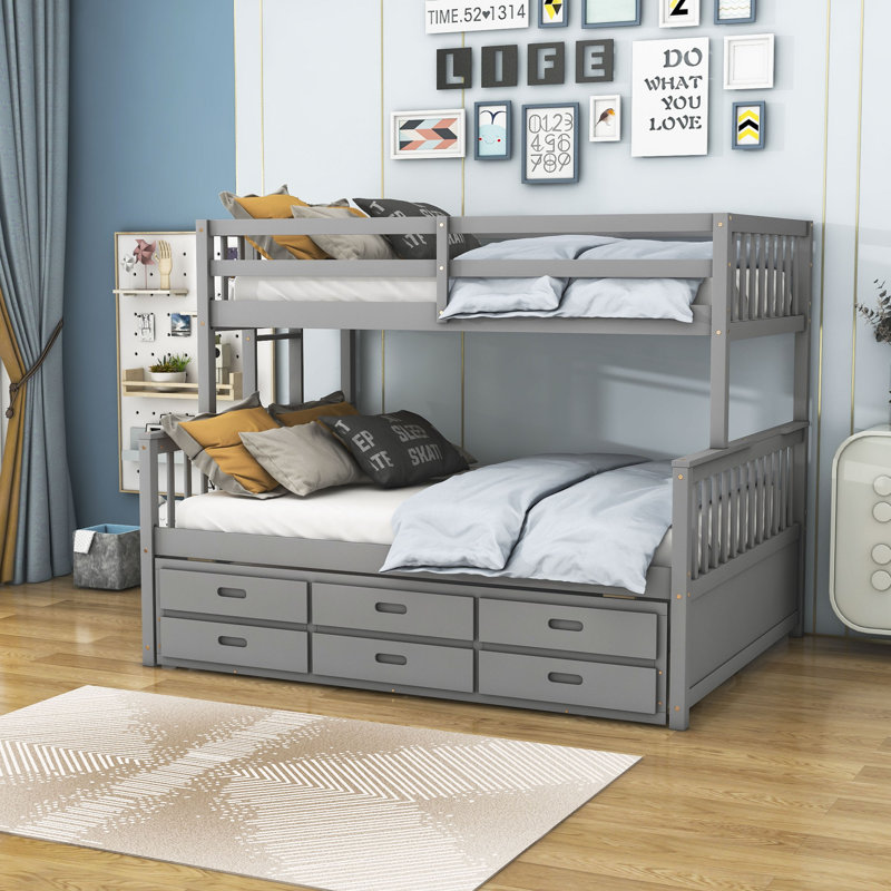Lit superposé simple au-dessus de 3 tiroirs avec lit gigogne Geesa, gris