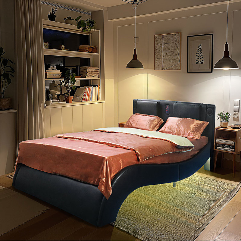Upholstered Platform Bed Frame With Led Lighting, Bluetooth Connection To Play Music Control, Backrest Vibration Massage