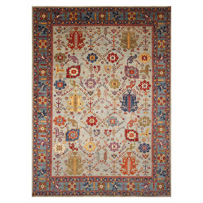 Tapis gris / rouge / jaune noué à la main de haute qualité